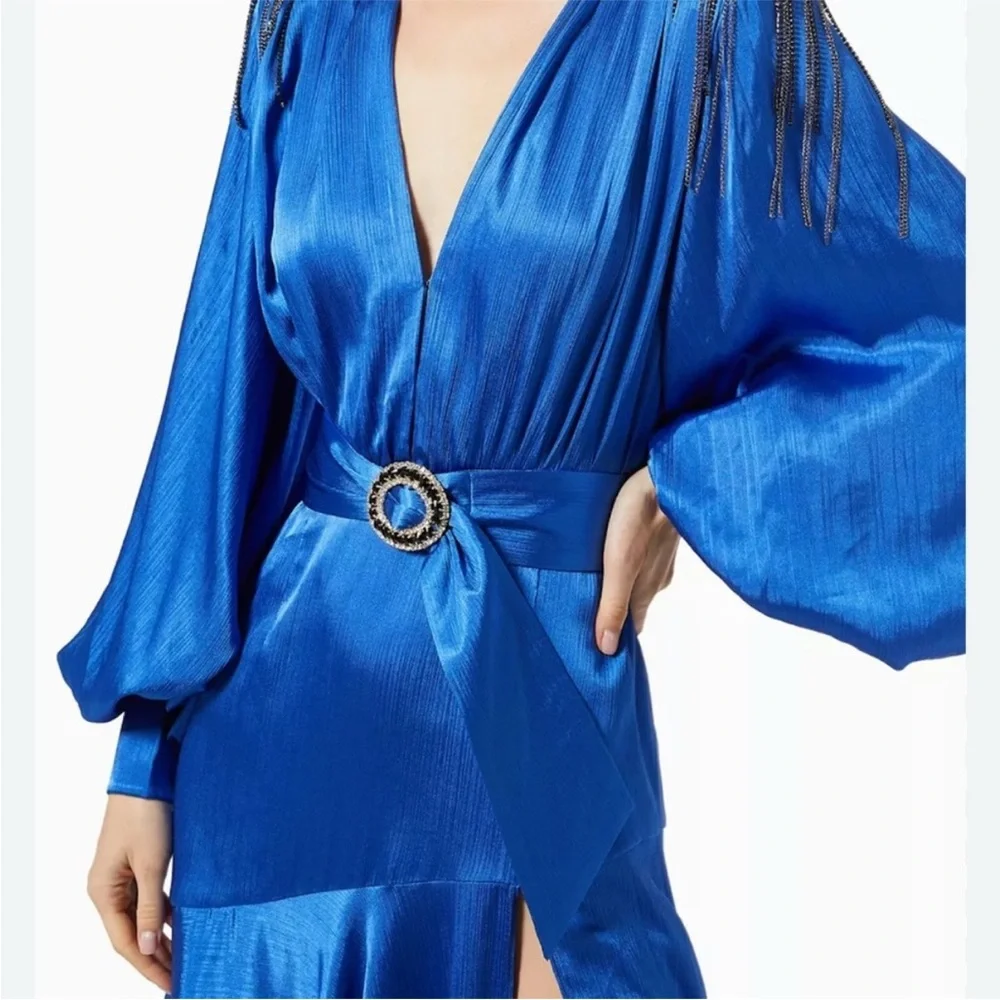 Bronx and Bonco Elegant Blue V-Neck Long Sleeve Maxi Dress with Belt - Picture 4 of 7